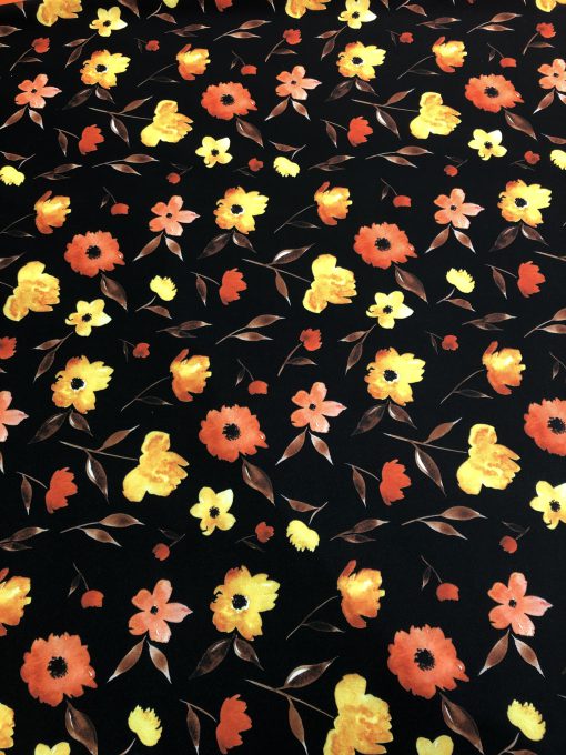 خرید کرپ حریر کره زمینه مشکی با گل زرد_نارنجی